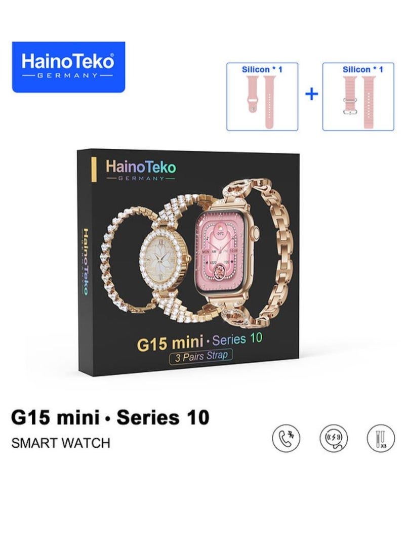 Haino Teko Smart Watch G15 Mini for Women with Bracelet of Golden Embroidered and An Additional Bracelet and Watch and 2 Silicone Strap - Image 2
