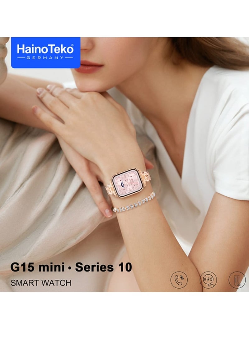 Haino Teko Smart Watch G15 Mini for Women with Bracelet of Golden Embroidered and An Additional Bracelet and Watch and 2 Silicone Strap - Image 3