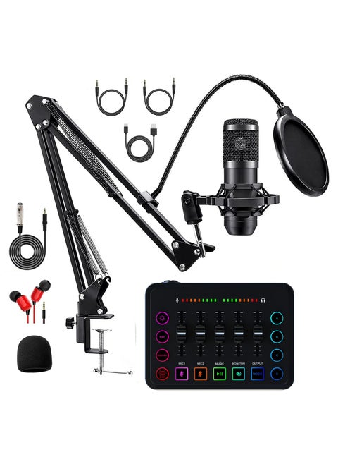 HD Gaming Audio Mixer Set Rechargeable Audio Interface RGB Mixer with XLR Mic Interface 48V Phantom Power for Podcast/Recording (Standard package + black microphone)