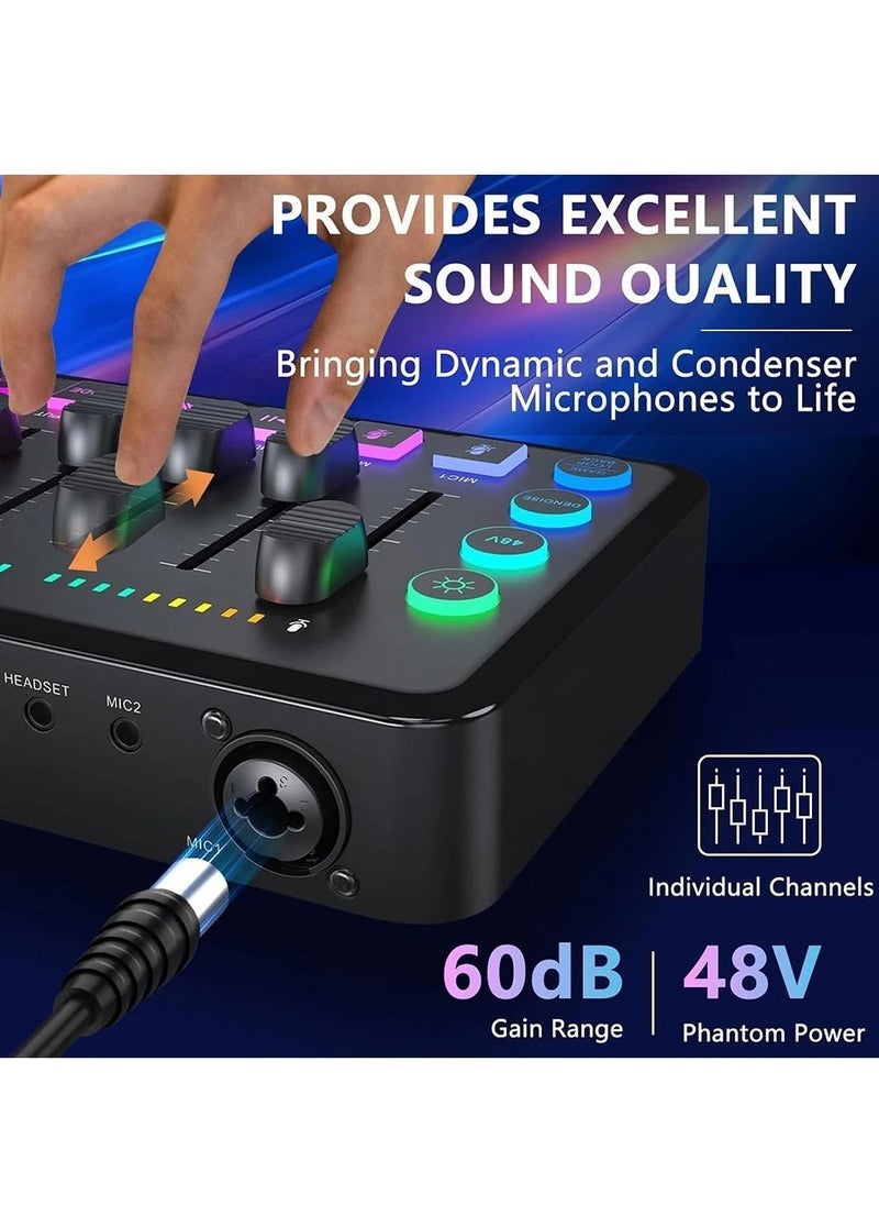 Verci - HD Gaming Audio Mixer Set Rechargeable Audio Interface RGB Mixer with XLR Mic Interface 48V Phantom Power for Podcast/Recording (Standard package + black microphone) - Image 1