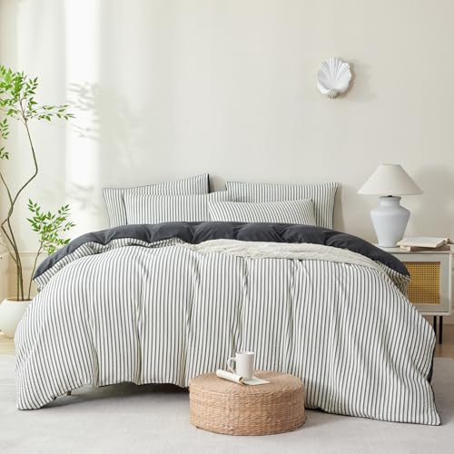 BUPIRD Dark Grey Comforter King Size Set Striped Soft Washed Microfiber Jacquard 3 Pieces Striped Bedding Sets Dark Grey White Comforter for All Seasons and 2 Pillowcases Comfort Breathable - Image 3