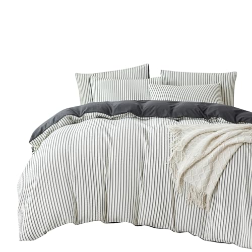 BUPIRD Dark Grey Comforter King Size Set Striped Soft Washed Microfiber Jacquard 3 Pieces Striped Bedding Sets Dark Grey White Comforter for All Seasons and 2 Pillowcases Comfort Breathable - Image 2