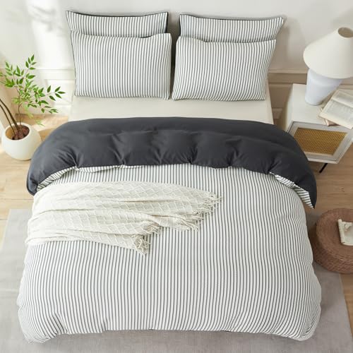 BUPIRD Dark Grey Comforter King Size Set Striped Soft Washed Microfiber Jacquard 3 Pieces Striped Bedding Sets Dark Grey White Comforter for All Seasons and 2 Pillowcases Comfort Breathable - Image 4