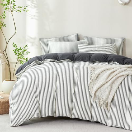 BUPIRD Dark Grey Comforter King Size Set Striped Soft Washed Microfiber Jacquard 3 Pieces Striped Bedding Sets Dark Grey White Comforter for All Seasons and 2 Pillowcases Comfort Breathable - Image 1