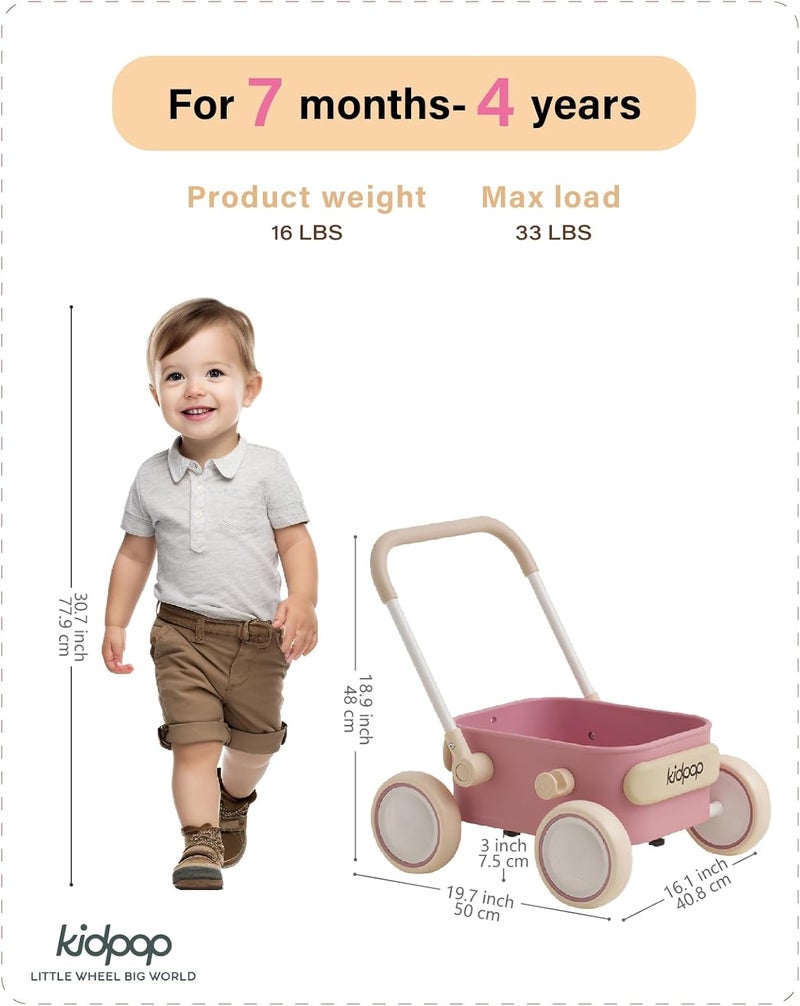 Kidpop عربة دفع للأطفال PULA بعجلات، عربة للأطفال الصغار للمتعلم الأول، ألعاب أطفال من 6 إلى 12 شهرًا، هدية عيد ميلاد لعمر سنة واحدة، للاستخدام داخل المنزل وخارجه (وردي) - Image 2