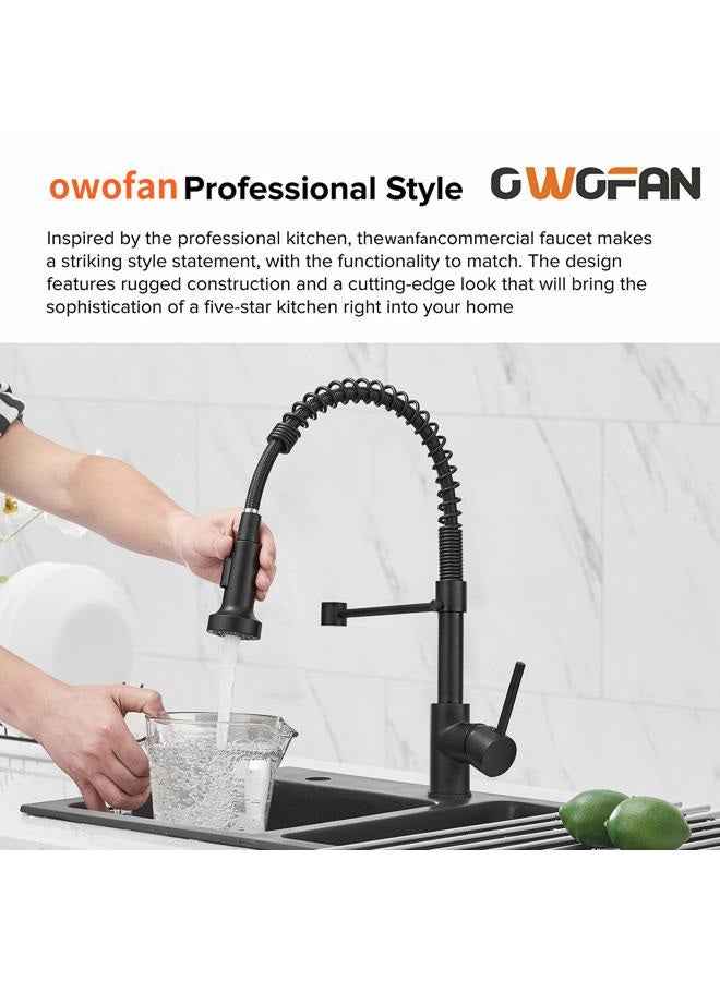 OWOFAN Modern Single Handle Spring Kitchen Faucet with Pull Down Spray, Matte Black Kitchen Sink Faucet 866080R - Image 2