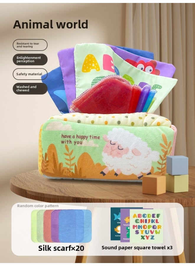 Baby Tissue Toy Tissue Box 0-1 Years Old Baby Early Education Tear-proof Finger Exercise Ringing Paper Biting Toy-Color:Animal World Tissue Box ]  - Image 1