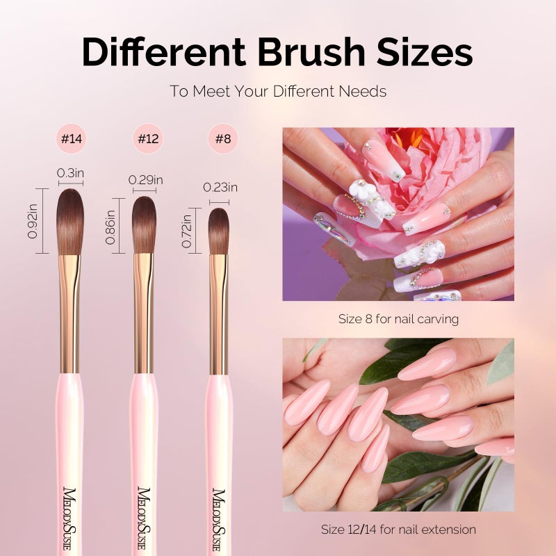 MelodySusie 3Pcs Acrylic Nail Brush Set, Size 8/12/14 Professional Nail Brushes for Acrylic Application Acrylic Powder Nail Extension and 3D Nail Carving for DIY Home Salon Nail Manicure Tool - Image 5