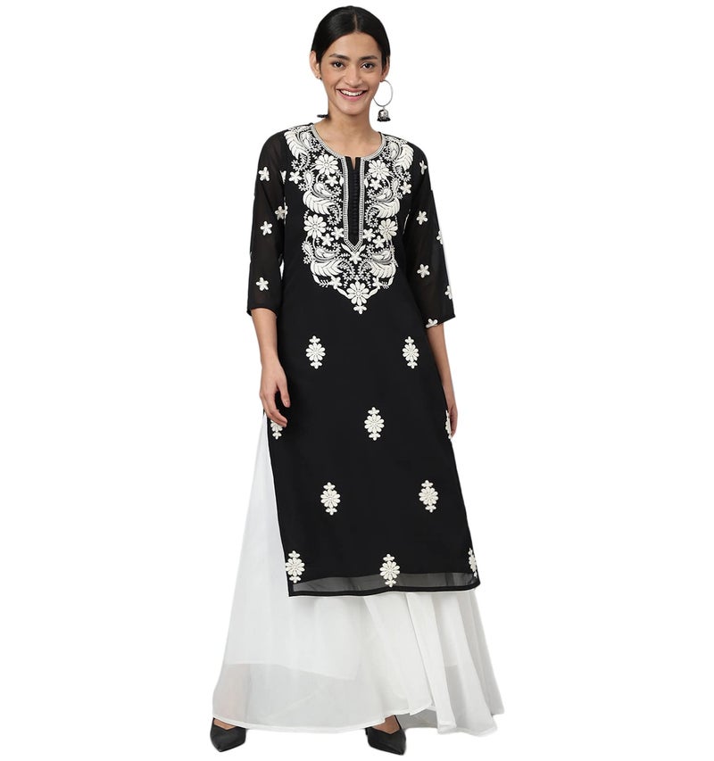 RATAN Women's Georgette Straight Lucknowi Chikankari Ethinic Wear Regular Fit Kurta (Lkn-Black-Small) - Image 4