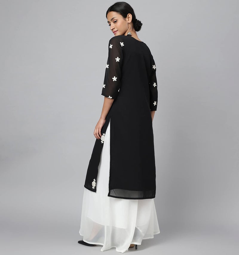 RATAN Women's Georgette Straight Lucknowi Chikankari Ethinic Wear Regular Fit Kurta (Lkn-Black-Small) - Image 3