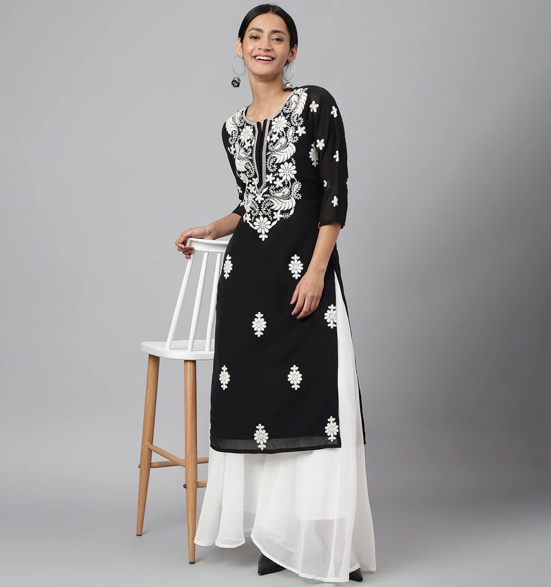 RATAN Women's Georgette Straight Lucknowi Chikankari Ethinic Wear Regular Fit Kurta (Lkn-Black-Small) - Image 5