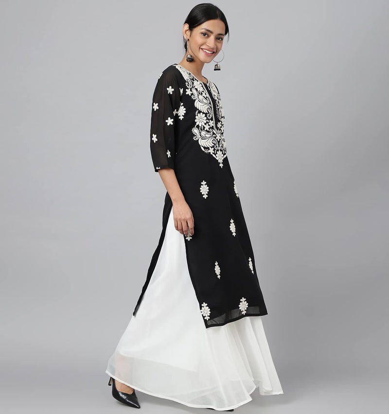 RATAN Women's Georgette Straight Lucknowi Chikankari Ethinic Wear Regular Fit Kurta (Lkn-Black-Small) - Image 2