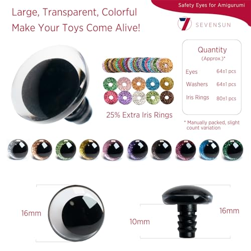 SEVENSUN 16mm Sparkling Off-Centered Glitter Safety Eyes, 128 pcs 10 Colors 3D Moon Glitter Eyes with Washers, Doll Making Stuffed Craft Crochet Safety Eyes for Crocheting Amigurumi - Image 2