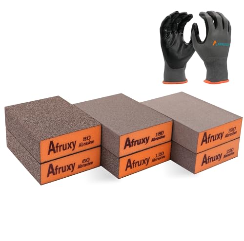 Afruxy Sanding Sponge, 60/80/120/180/220/320 Grit 6-Pack with Protective Gloves, Coarse Fine Medium Grit Sanding Block, Reusable Dry Wet Sanding Blocks for Wood, Drywall,Metal, Fine Sandpaper Sand Block - Image 1