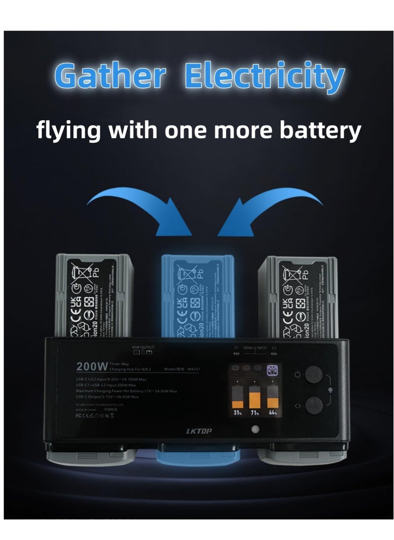Excefore - Air 3 Battery Charging Hub, USB-C Power Adapter,Three-Way Battery Charger for DJI Air 3, with Gather Electricity/Average Electricity/Fast Charging/Storage/LED/Alarm Mode, LED Display Screen - Image 1