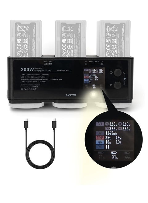 Air 3 Battery Charging Hub, USB-C Power Adapter,Three-Way Battery Charger for DJI Air 3, with Gather Electricity/Average Electricity/Fast Charging/Storage/LED/Alarm Mode, LED Display Screen