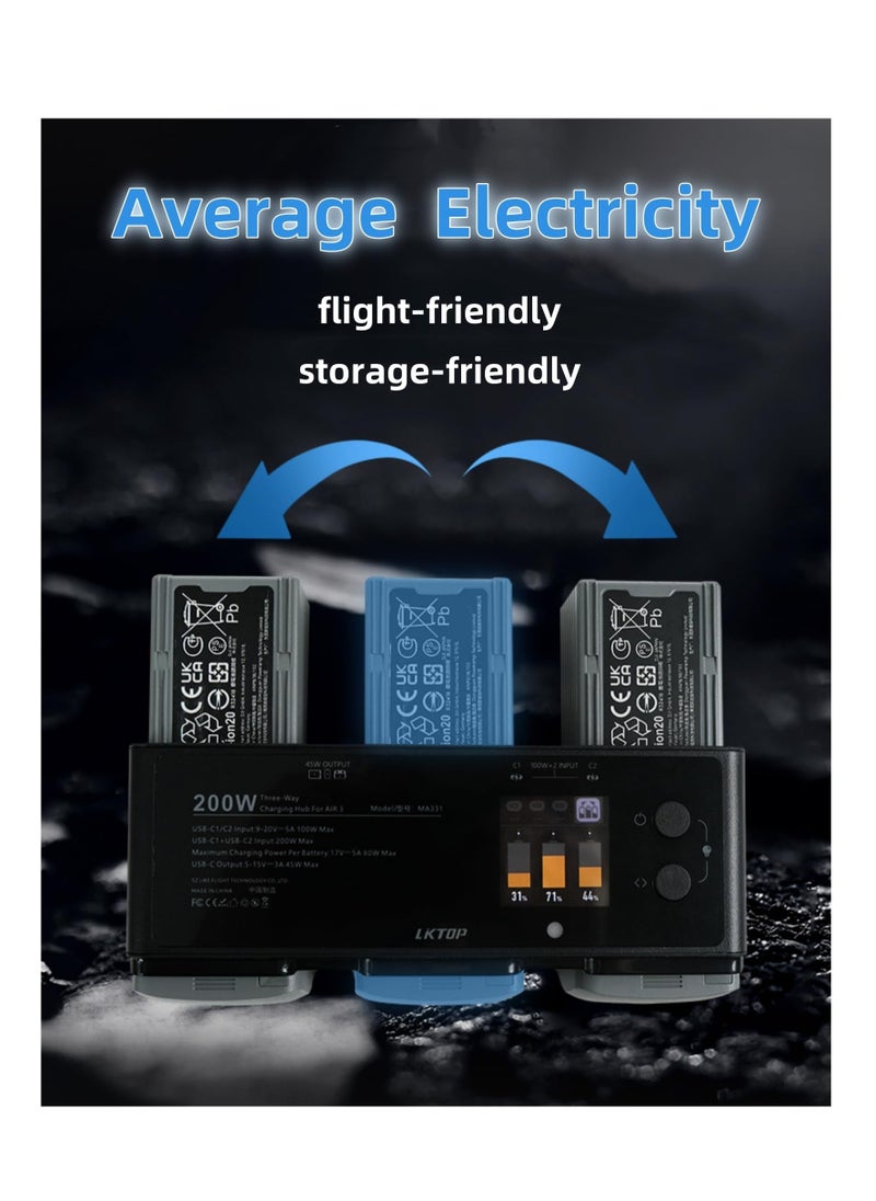 Excefore - Air 3 Battery Charging Hub, USB-C Power Adapter,Three-Way Battery Charger for DJI Air 3, with Gather Electricity/Average Electricity/Fast Charging/Storage/LED/Alarm Mode, LED Display Screen - Image 1