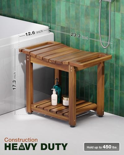 BLUEWEST Shower Bench Seat with Storage Shelf, Natural Wood Shower Benches for Inside Shower to Sit on, Waterproof Bathroom Spa Bench Stool for Legs Shaving with Built-in Handle & Shower Head Holder - Image 3