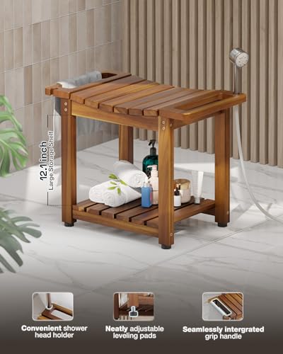 BLUEWEST Shower Bench Seat with Storage Shelf, Natural Wood Shower Benches for Inside Shower to Sit on, Waterproof Bathroom Spa Bench Stool for Legs Shaving with Built-in Handle & Shower Head Holder - Image 2