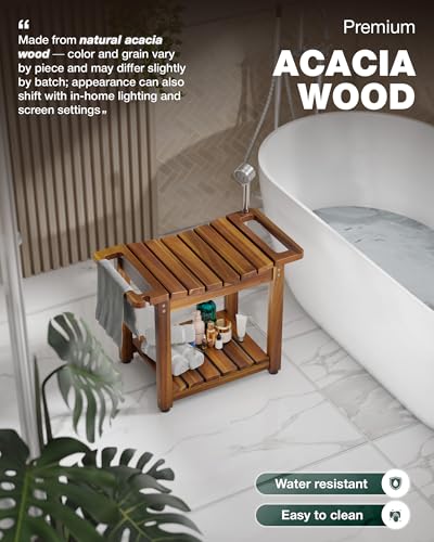 BLUEWEST Shower Bench Seat with Storage Shelf, Natural Wood Shower Benches for Inside Shower to Sit on, Waterproof Bathroom Spa Bench Stool for Legs Shaving with Built-in Handle & Shower Head Holder - Image 5