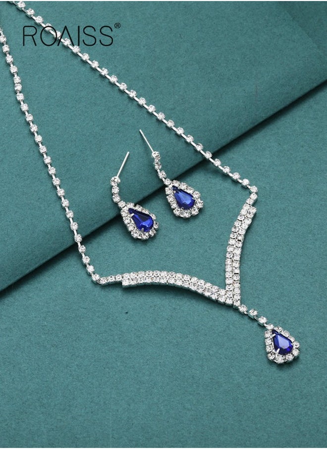 roaiss 2-Piece Jewelry Set with Necklace and Earring Full Diamond V Neck Water Drop Pendant Necklace Stud Earrings Set  - Image 4