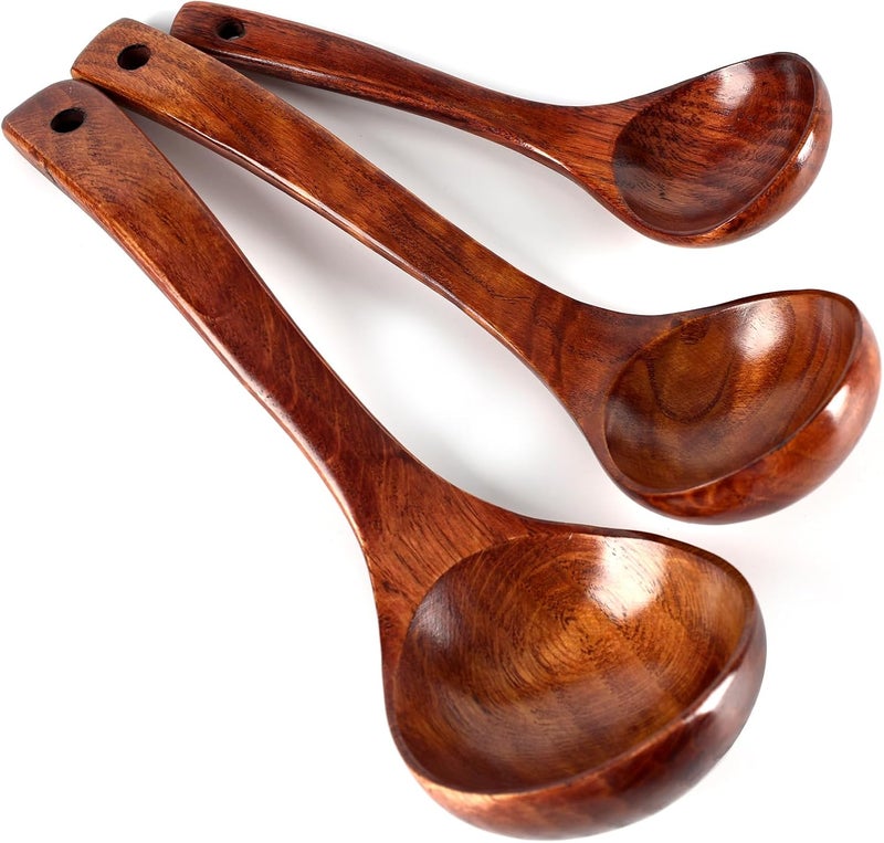 HansGo Wooden Ladle for Soup, 3 Size Wooden Spoons for Deep Pot & Bowl, Heat Resistant Handles, Non-Stick Wood Kitchen Utensils Set for Cooking, Serving and Stirring Thick Stews, House Warming Gifts - Image 1