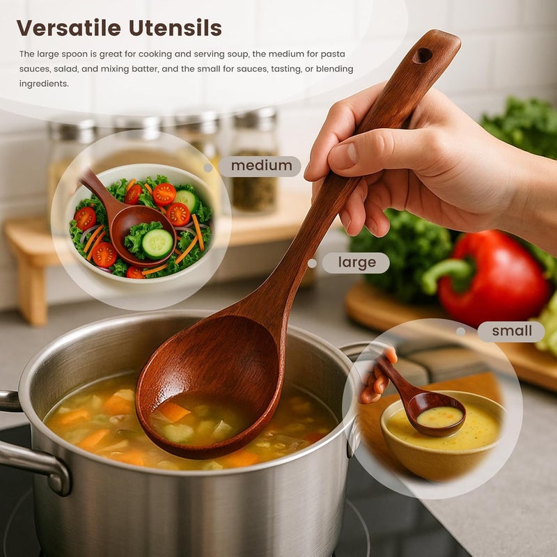 HansGo Wooden Ladle for Soup, 3 Size Wooden Spoons for Deep Pot & Bowl, Heat Resistant Handles, Non-Stick Wood Kitchen Utensils Set for Cooking, Serving and Stirring Thick Stews, House Warming Gifts - Image 4