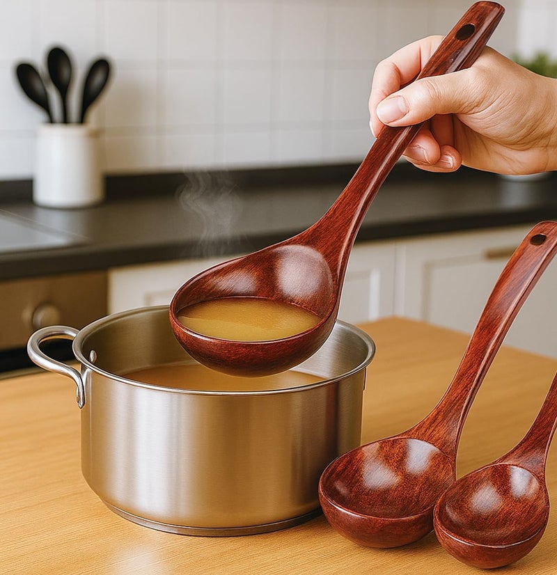 HansGo Wooden Ladle for Soup, 3 Size Wooden Spoons for Deep Pot & Bowl, Heat Resistant Handles, Non-Stick Wood Kitchen Utensils Set for Cooking, Serving and Stirring Thick Stews, House Warming Gifts - Image 3