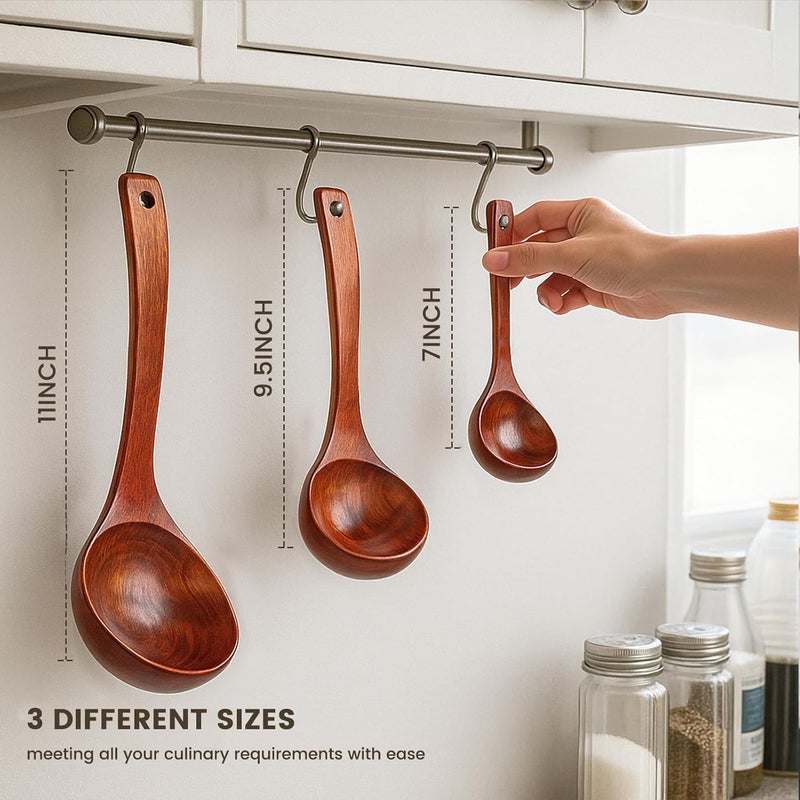 HansGo Wooden Ladle for Soup, 3 Size Wooden Spoons for Deep Pot & Bowl, Heat Resistant Handles, Non-Stick Wood Kitchen Utensils Set for Cooking, Serving and Stirring Thick Stews, House Warming Gifts - Image 2