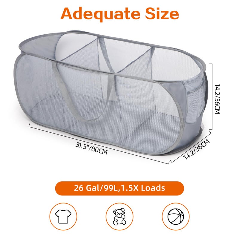 Bemkoo Durable Collapsible Foldable Pop Up Laundry Hamper, Sturdy 3 Compartments, Handy Pocket & Easy to Sort Clothes Hampers for Dorm, Kids Room, Travel - Grey - Image 4