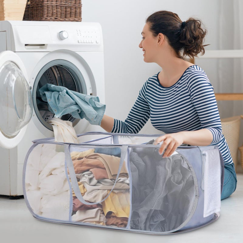 Bemkoo Durable Collapsible Foldable Pop Up Laundry Hamper, Sturdy 3 Compartments, Handy Pocket & Easy to Sort Clothes Hampers for Dorm, Kids Room, Travel - Grey - Image 2
