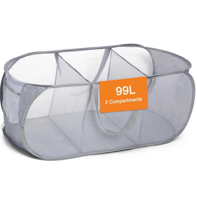 Bemkoo Durable Collapsible Foldable Pop Up Laundry Hamper, Sturdy 3 Compartments, Handy Pocket & Easy to Sort Clothes Hampers for Dorm, Kids Room, Travel - Grey - Image 1