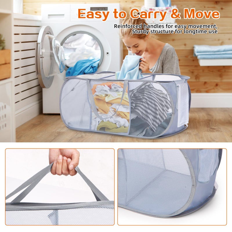 Bemkoo Durable Collapsible Foldable Pop Up Laundry Hamper, Sturdy 3 Compartments, Handy Pocket & Easy to Sort Clothes Hampers for Dorm, Kids Room, Travel - Grey - Image 5