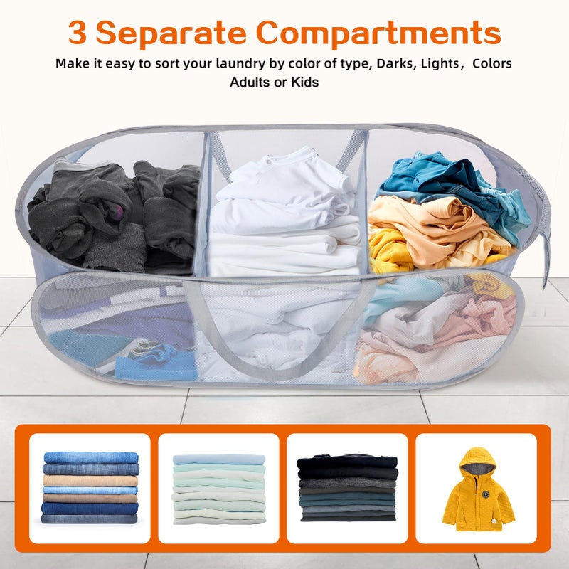 Bemkoo Durable Collapsible Foldable Pop Up Laundry Hamper, Sturdy 3 Compartments, Handy Pocket & Easy to Sort Clothes Hampers for Dorm, Kids Room, Travel - Grey - Image 3