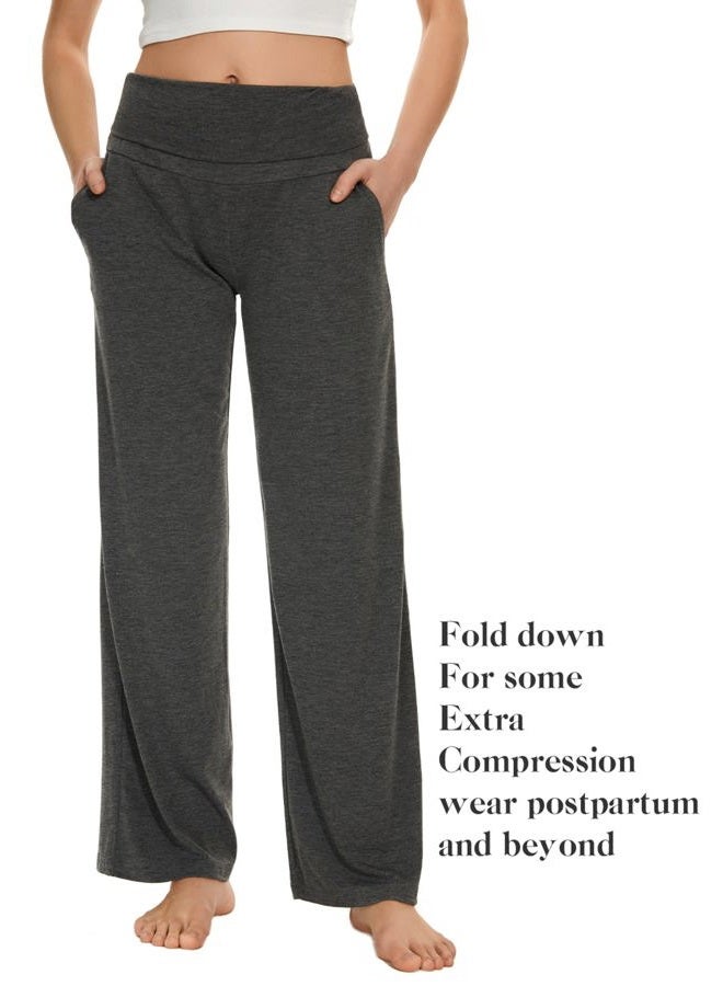 Ecavus Women's Maternity Wide/Straight Versatile Comfy Palazzo Lounge Pants Stretch Pregnancy Trousers with Pockets, Charcoal With Pocket, L - Image 4