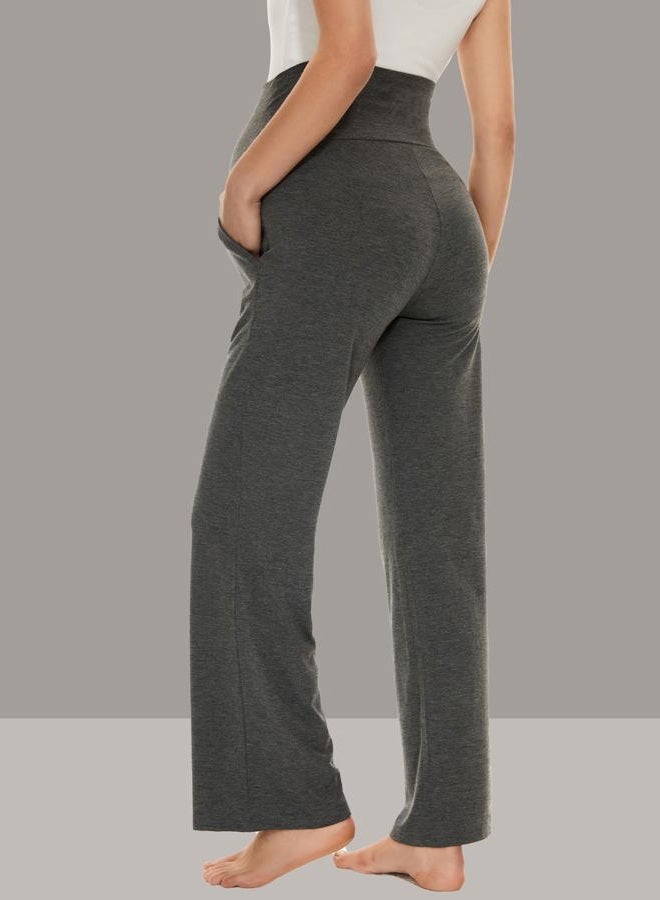 Ecavus Women's Maternity Wide/Straight Versatile Comfy Palazzo Lounge Pants Stretch Pregnancy Trousers with Pockets, Charcoal With Pocket, L - Image 3