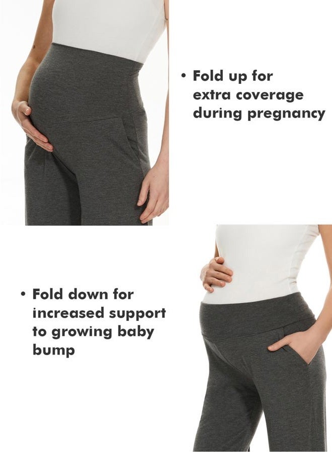 Ecavus Women's Maternity Wide/Straight Versatile Comfy Palazzo Lounge Pants Stretch Pregnancy Trousers with Pockets, Charcoal With Pocket, L - Image 5