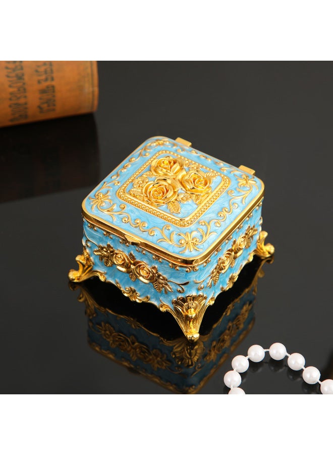 Vintage Enamel Metal Jewelry Box, Rose Pattern Trinket Organizer for Rings, Earrings & Necklaces - Image 1