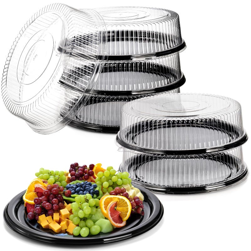 Frcctre 6 Pack 16 inch Plastic Serving Tray with Clear Lid Heavy Duty Round Appetizer Serving Trays Catering Tray Party Platters for Vegetable Catering Picnic