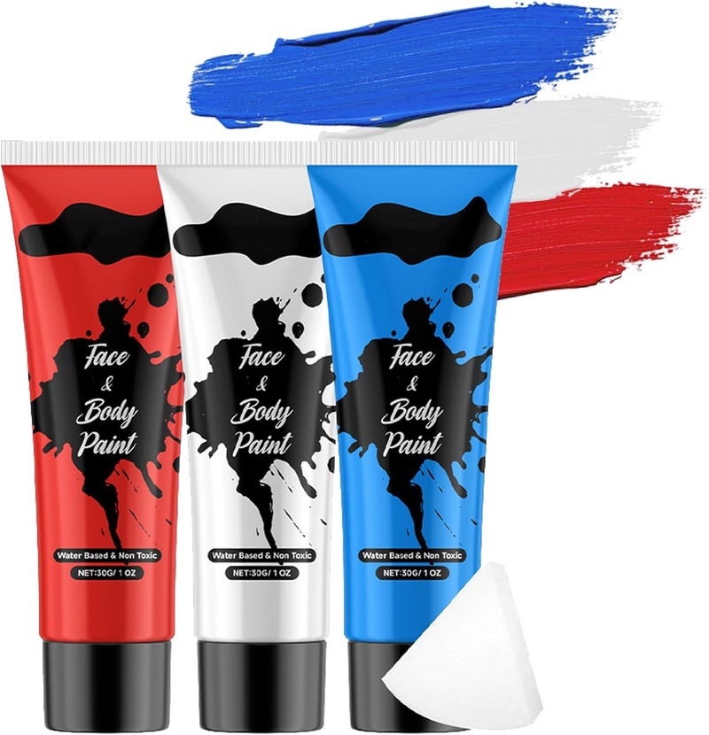 3PCS Blue White Red Face Body Paint KitWater Based Face Painting for Halloween SFX MakeupFullcoverage Body Paint with sponges for Joker Clown Devil Spiderman Halloween Costume Cosplay