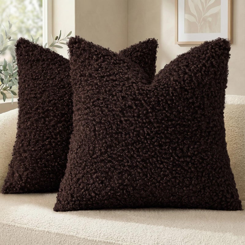 decorUhome Pack of 2 Throw Pillow Covers 18x18 Inch Faux Fur Decorative Sherpa Pillow Covers Fuzzy Accent Soft Sheepskin Fleece Pillow Cases for Couch Living Room Bed Chocolate - Image 2