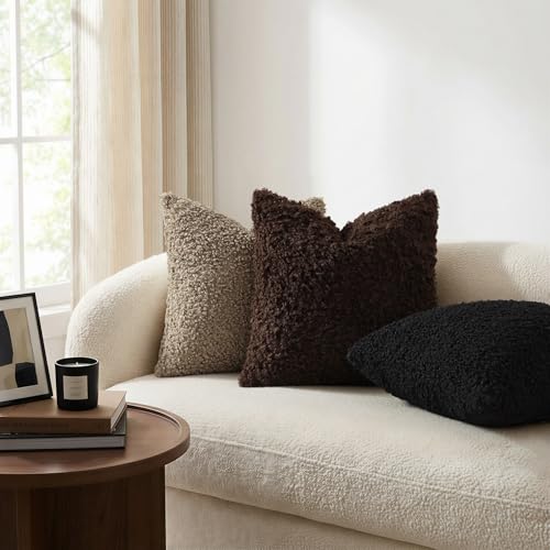 decorUhome Pack of 2 Throw Pillow Covers 18x18 Inch Faux Fur Decorative Sherpa Pillow Covers Fuzzy Accent Soft Sheepskin Fleece Pillow Cases for Couch Living Room Bed Chocolate - Image 3