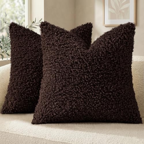 decorUhome Pack of 2 Throw Pillow Covers 18x18 Inch Faux Fur Decorative Sherpa Pillow Covers Fuzzy Accent Soft Sheepskin Fleece Pillow Cases for Couch Living Room Bed Chocolate - Image 1