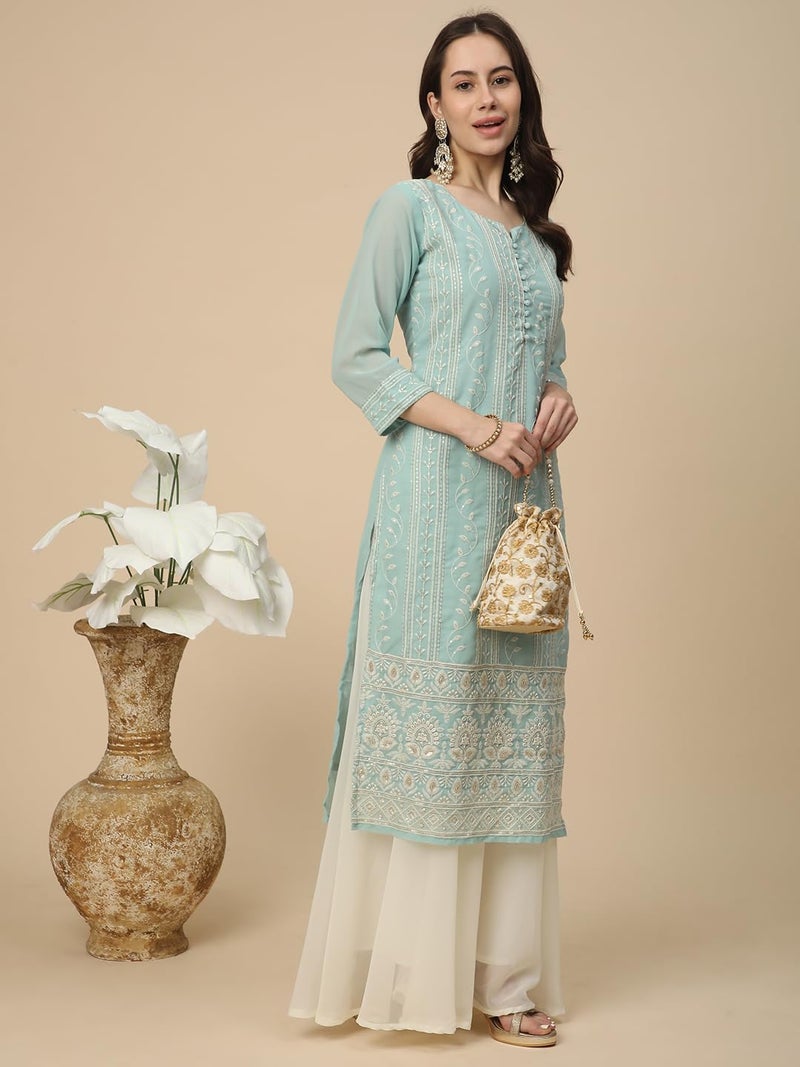 RATAN Women Georgette Straight Fit Lucknowi Chikankari Ethinic Wear Kurta (VAN-1247-S_Olive) - Image 4