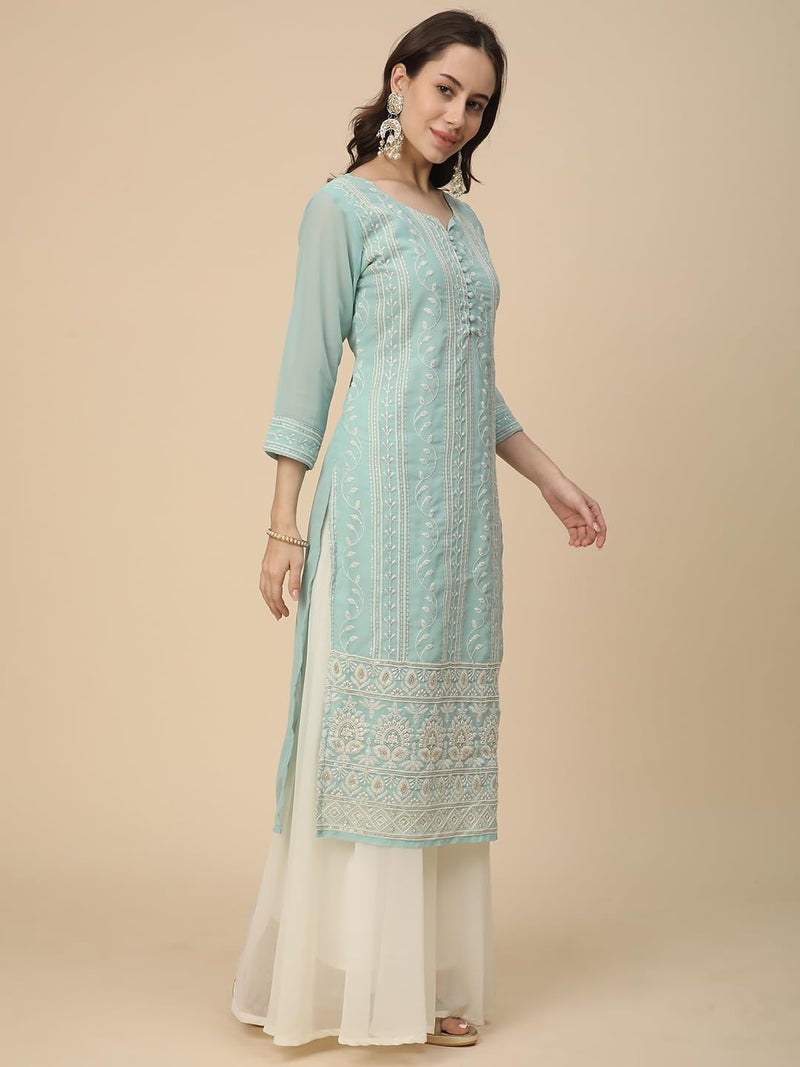 RATAN Women Georgette Straight Fit Lucknowi Chikankari Ethinic Wear Kurta (VAN-1247-S_Olive) - Image 5