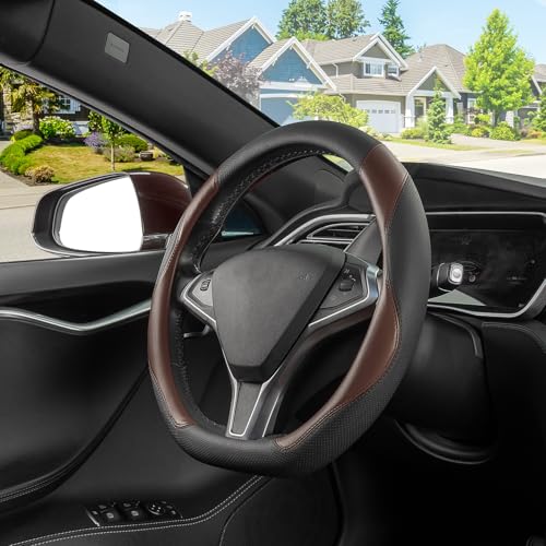 SEG Direct D Shaped Steering Wheel Cover Flat Bottom Car Wheel Cover 14 1215 in 3739 cm Black and Mocha Brown Microfiber Leather - Image 3