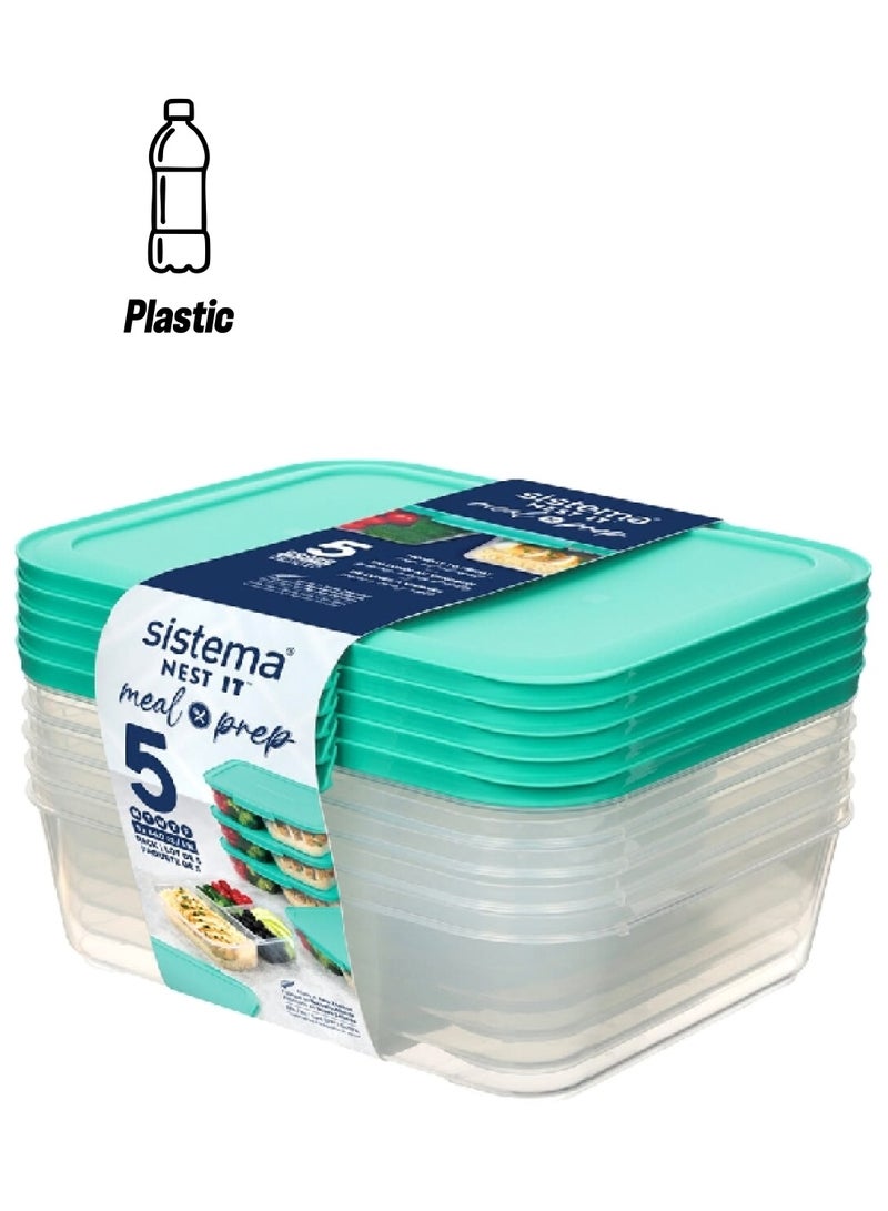 sistema 5-Piece Freezer Safe BPA-Free Meal Prep Food Storage Container Set Clear and Minty Teal 1.9 Liter 59175 - Image 1