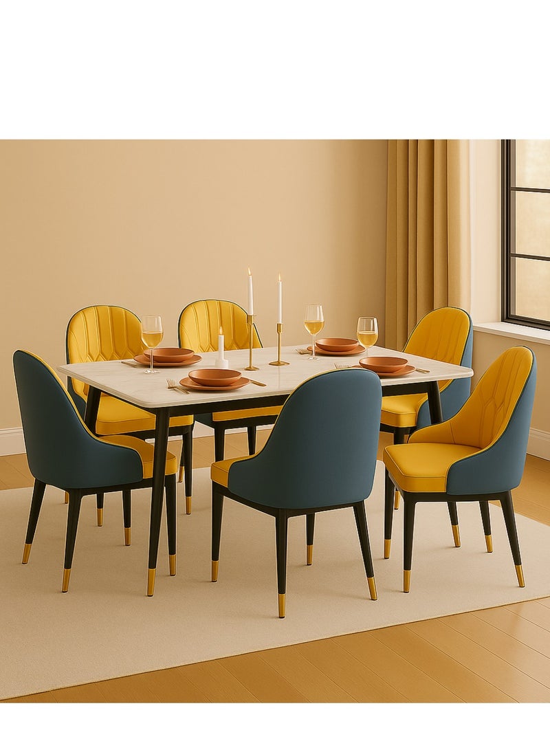 Wooden Twist Villoso Modern Rectangular Marble Top Dining Table Set With Black Iron Legs And Gold Corner ( Yellow )