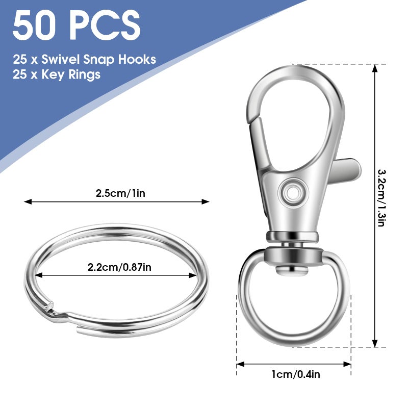 HnoaTovy 50 PCS in 25 Sets, Metal Swivel Lobster Claw Clasps, Keychain Clip with Large Key Ring, Premium Keychains Clips, Snap Hooks and Sturdy Key Rings, for Key Chain Making Kitï¼ŒHnoaTovy (Silver) - Image 2
