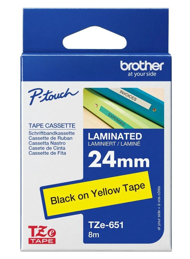 بروذر Labelling Tape Brother TZe-651  Laminated Tape – Black on Yellow, 3/8 Inch (24mm) - Image 1